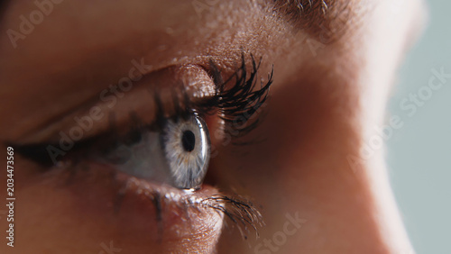 Quadro su tela Macro close up of female blue eye before ophthalmology examination and laser vision correction assessment, eyesight diagnostics