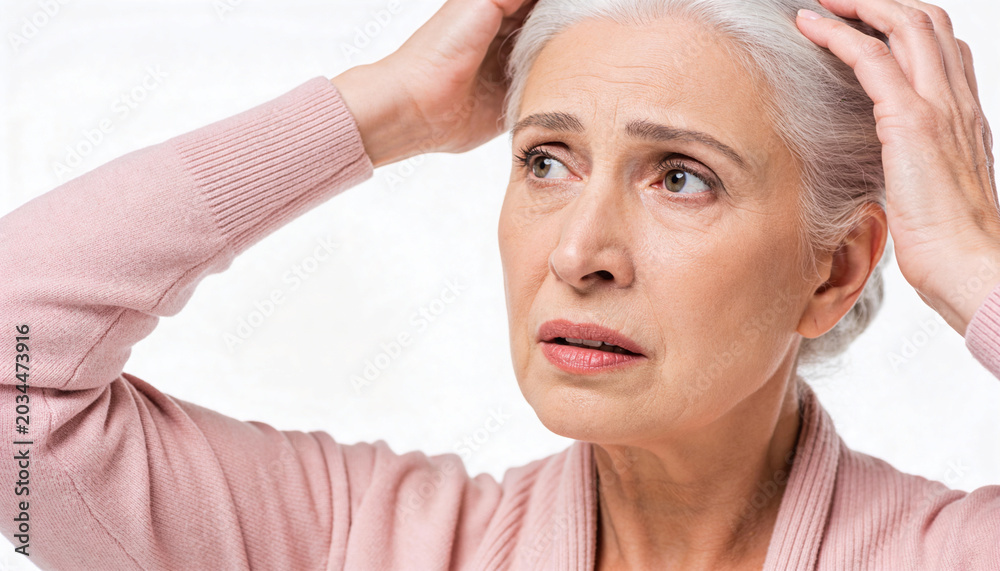 Naklejka premium Confused elderly woman holding head with worry. Senior person experiencing memory loss or stress. Mental health challenge, aging anxiety and psychological struggle for retired lady.