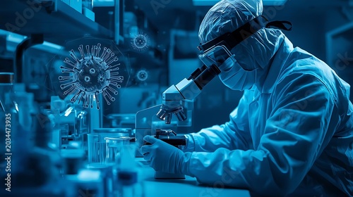 Professional scientist analyzing viral pathogen under microscope in dark research lab