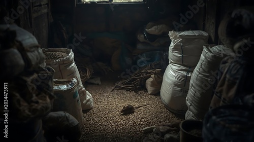 Small rat scavenging for food in dark storage room with grain bags on the floor level