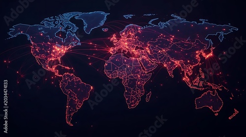 Digital world map with glowing red network connections representing global data flow and internet.