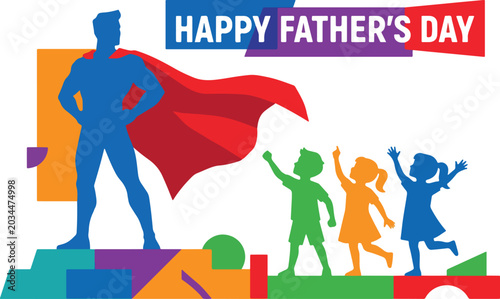 Happy Father's Day superhero dad and children vector illustration, a vibrant graphic celebrating paternal love and family bonds, perfect for greeting cards, banners, and social media campaigns.