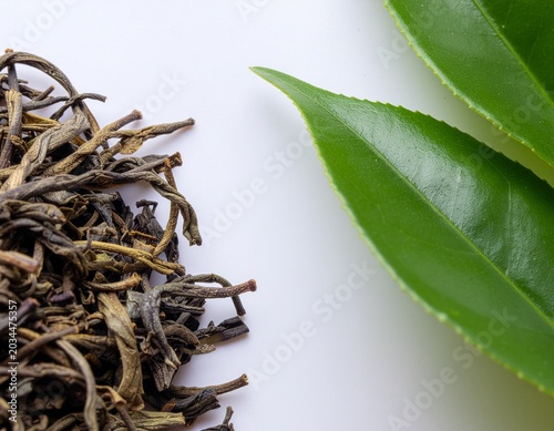 green tea leaves on white background