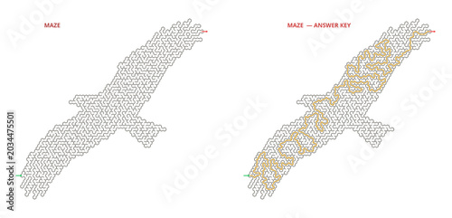 Soaring eagle silhouette maze challenge with solution path, patriotic bird labyrinth activity sheet for children and adults on transparent background