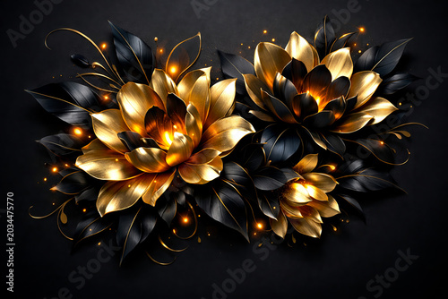 Gilded golden flowers and black foliage with sparkling accents metallic contrast botanical decoration ornament abstract luxurious decorative