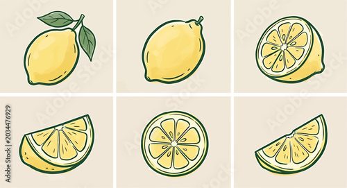 Foto Set of fresh yellow lemons, whole fruits with leaves and sliced lemon pieces iso