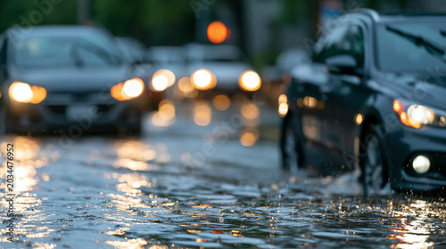 Flooded street with cars highlighting urgency in disaster relief and preparedness, water emergency, urban flooding, crisis situation, vehicle submersion, natural catastrophe,