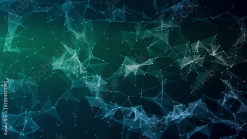 Abstract digital network with connected particles and geometric mesh structure on blue background, technology data visualization in 4k