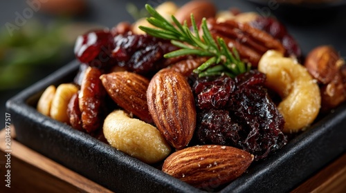 Close-up of Mixed Nuts and Dried Cranberries in a Black Serving Dish