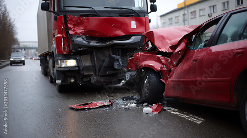 Serious vehicular collision between a red delivery truck and a red sedan on a wet asphalt road, showing extensive front-end and side damage