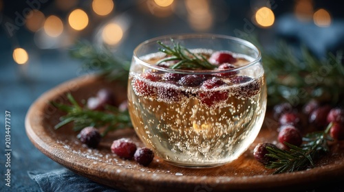Festive Cranberry Rosemary Cocktail on Wooden Tray with Bokeh Lights