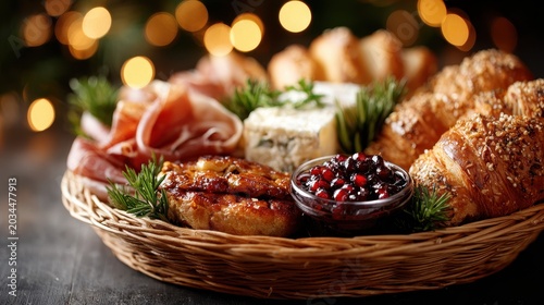 Festive Charcuterie Board with Croissants, Cheese, Jam and Prosciutto