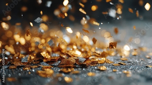 Falling Gold and Silver Confetti Glitter on Dark Background, Celebration Event