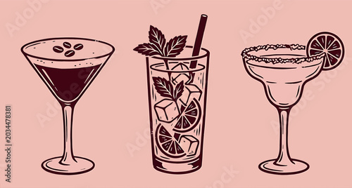 Bild auf Leinwand Set of three classic cocktails illustration