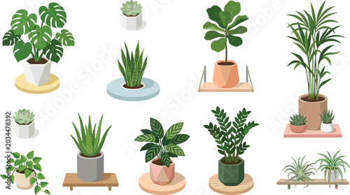 Isometric Potted Houseplant Icon Set with Cartoon Monstera, Snake Plant, Fiddle Leaf Fig, Aloe Vera, and Green Indoor Flowers Collection