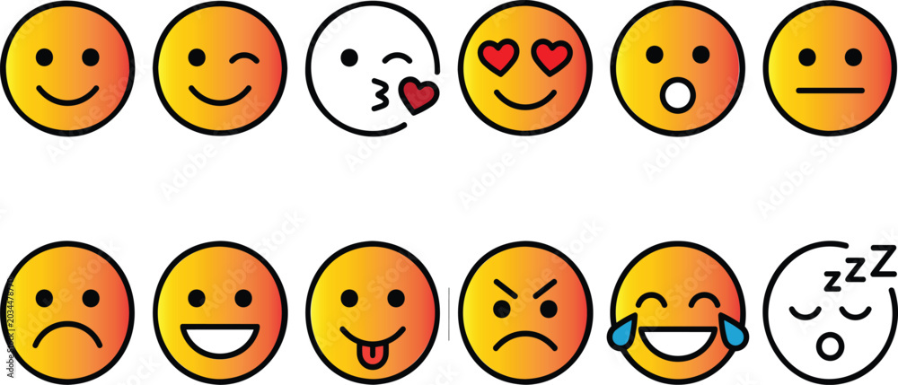 Fototapeta premium Yellow and Orange Gradient Emoji Icon Set with Colorful Cartoon Expressions Happy Sad Winking Angry and Shocked Moods for Messaging