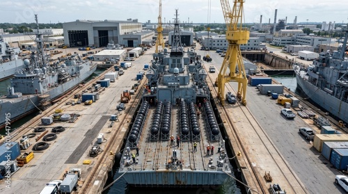 Naval shipyard with warships undergoing maintenance and loading of mines