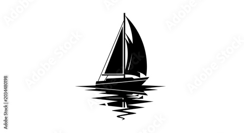 Silhouette of a sailboat on water with reflection, black and white, minimalist design