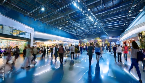 a diverse crowd moves through an expansive exhibition hall exploring numerous vendor booths and networking at an annual trade show showcasing vibrant displays and presentations