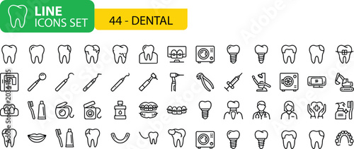 Tableau sur toile Dental Line Icons Set Flat Design Vector Illustration Oral Hygiene Healthcare Co