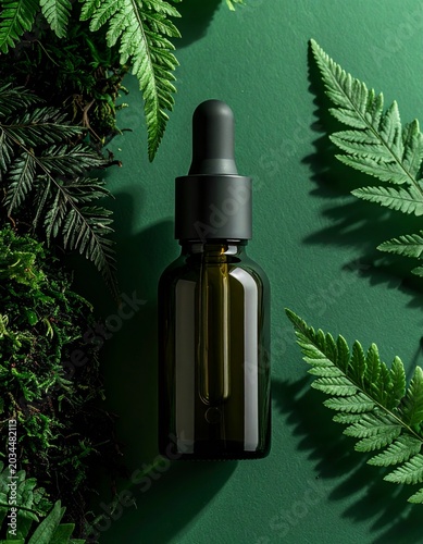 Dark Glass Dropper Bottle with Fern Leaves on a Green Background