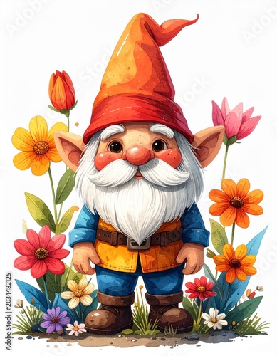 Charming Gnome in Orange Hat Amidst Colorful Flowers on White Background