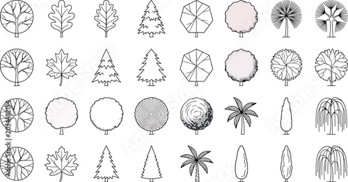 Bild auf Leinwand Set of various handdrawn tree icons for architectural landscape design
