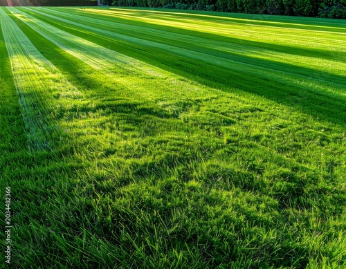 Freshly Mown Lawn with Striped Pattern in Golden Hour Sunlight