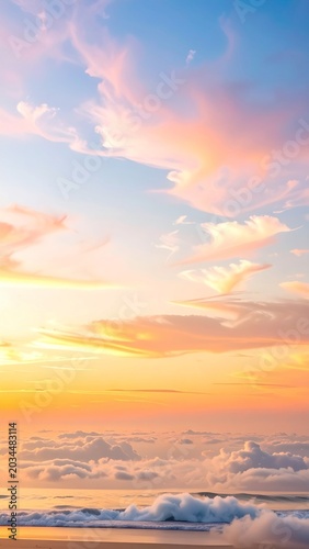 Vibrant Cloudy Sunset Sky Over Ocean Beach With Warm Golden Light