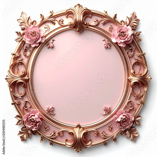 Ornate Golden Circle Frame with Pink Floral Accents on White Background