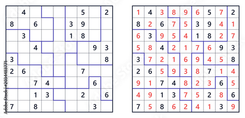 Фотография Jigsaw Sudoku puzzle with blue lines and filled numbers on grid, challenging lev