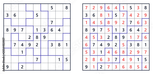 Jigsaw Sudoku puzzles in challenging level with numbers and grid lines  