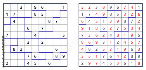 Jigsaw Sudoku puzzle with two different styles and challenging level  
