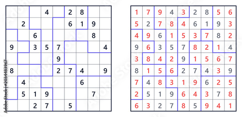 Jigsaw Sudoku puzzle, challenging level with blue and red numbers  