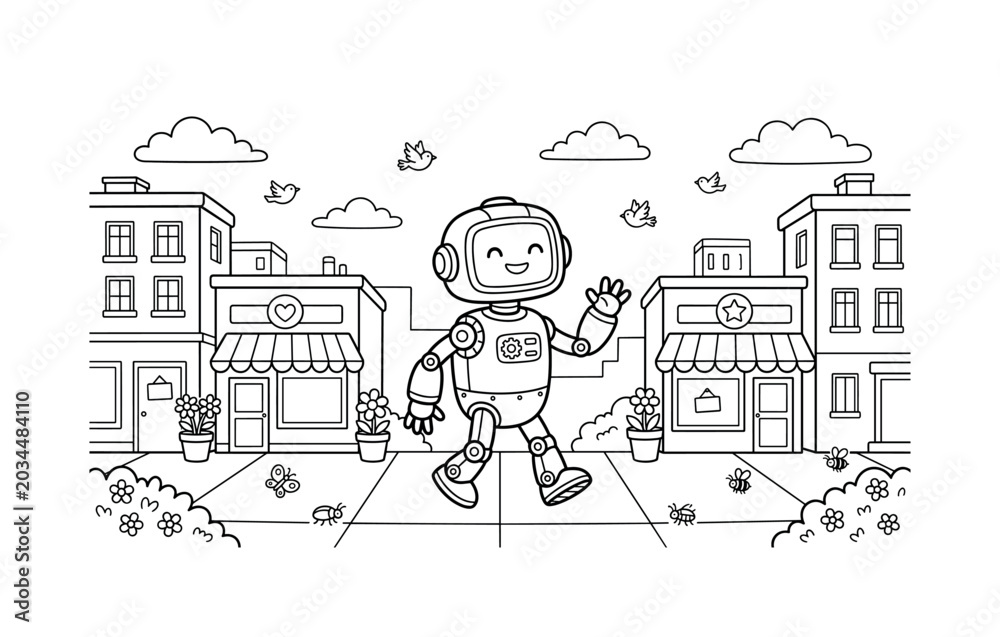 Naklejka premium friendly robot walking through a comic city street, with flowers, birds, clouds, and tiny insects around, black and white line