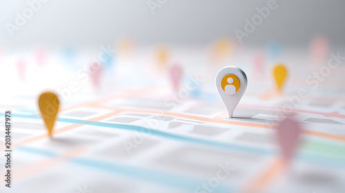 Abstract digital map showing user location pin on a road network, illustrating navigation, local search, and connection concepts on clean background