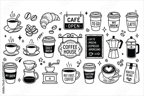 Schilderij op canvas Black and white coffee shop icons and cups