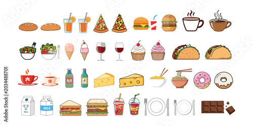 Pixel art food and beverage icons collection.