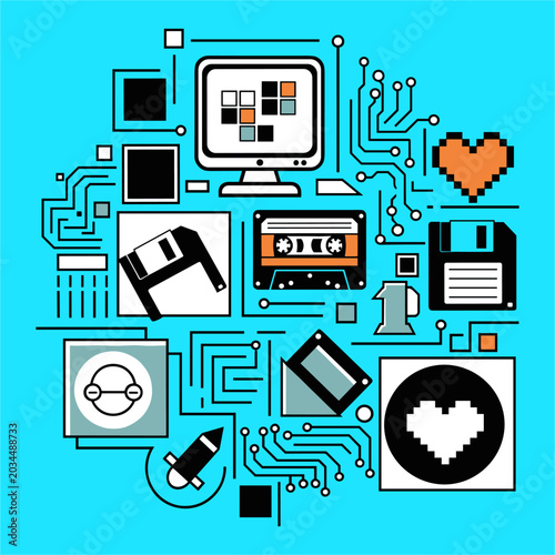 Retro technology pixel art icons on circuit board pattern.