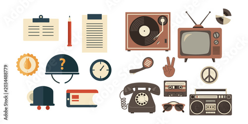 Vintage office and electronics icon collection in earthy tones.