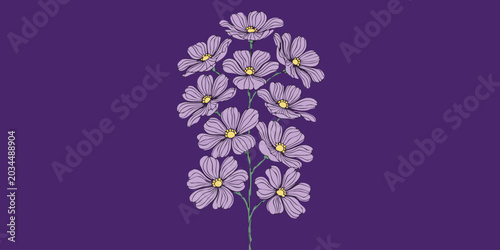 Beautiful digital illustration of a delicate purple flower stem with multiple blooming petals on purple
