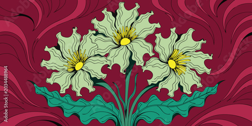 Digital illustration of three small green flowers with yellow centers on a deep burgundy background