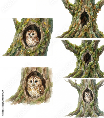 A series of illustrations: an owl perched in a tree hollow and an empty tree hollow in a natural forest setting  