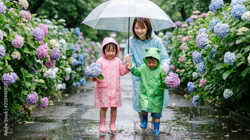 色とりどりの紫陽花ロードを歩くレインコートを着た3人の親子　子供たちは楽しそうに小さな水たまりをジャンプ