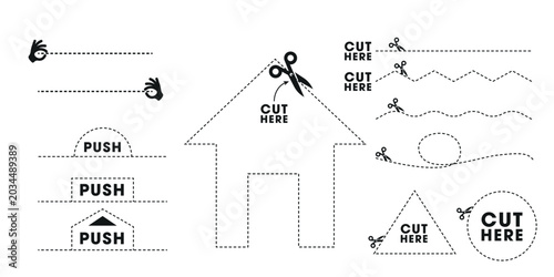 Cut Here and Open Here Signs with Scissors Dotted Line for Coupon Sales Packaging Label, vector illustration