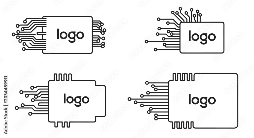 Naklejka premium Set of stylized microchip icons with circuit board lines and logo placeholder