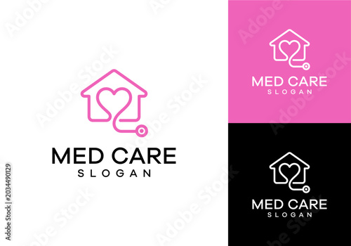 Modern vector logo design for healthcare services, featuring a conceptual house integrated with a heart-shaped stethoscope, symbolizing home-based medical care, wellness, and compassion