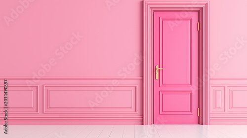 Bright pink door on a vibrant painted wall for interior design and colour theme