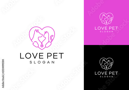 Modern minimalist line art logo design featuring a dog and cat within a heart shape, connected by a stethoscope, symbolizing love, care, and health for pets