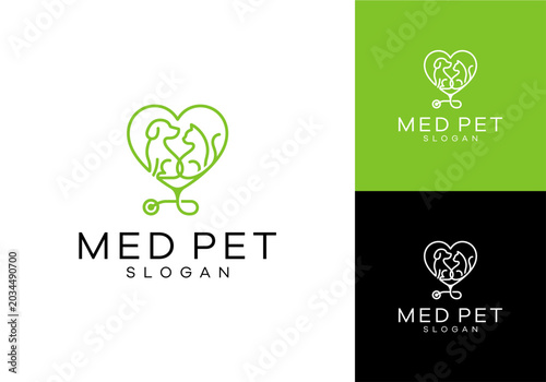 Heart-shaped veterinary logo featuring a dog and cat silhouette, symbolizing pet care and health services, with stethoscope accent